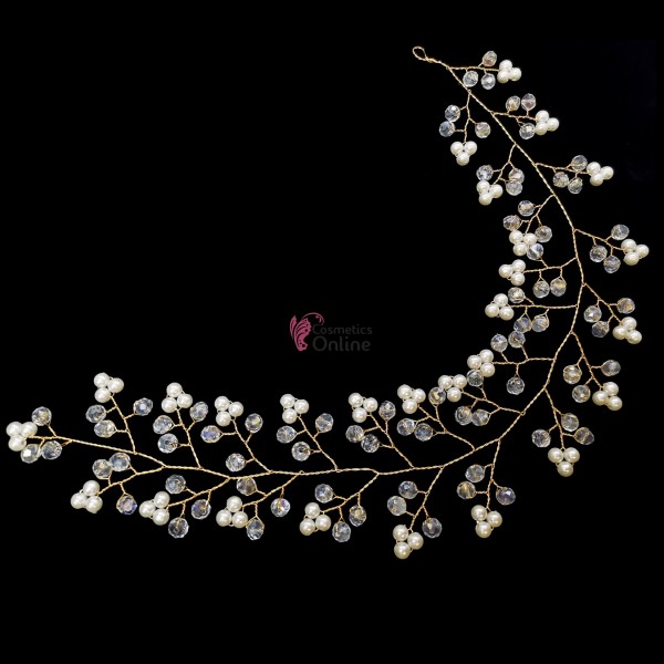 Accesoriu modern pentru decor par WED45FF Bronz cu cristale si perle de 35cm